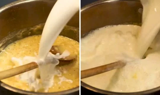 Add Milk and Water, Bring to a Simmer